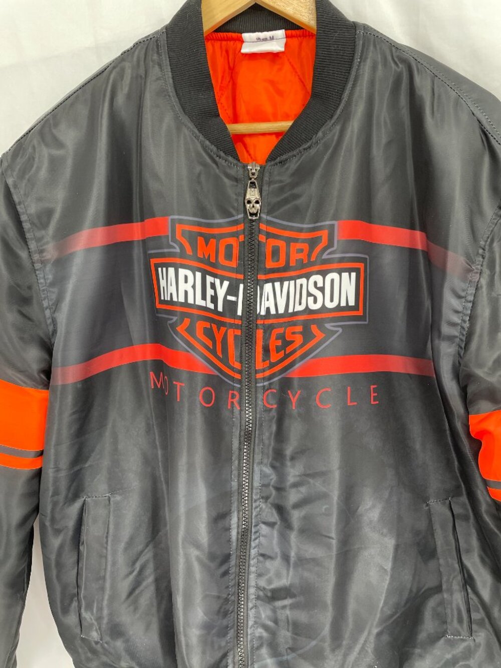 Harley-Davidson Men's Black & Orange Skull Back Bomber Jacket - Picture 2 of 11